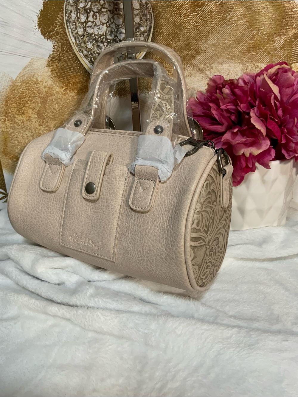 Montana West Cream Tooled Mini Barrel Satchel with Buckle Accents - Picture 2 of 7